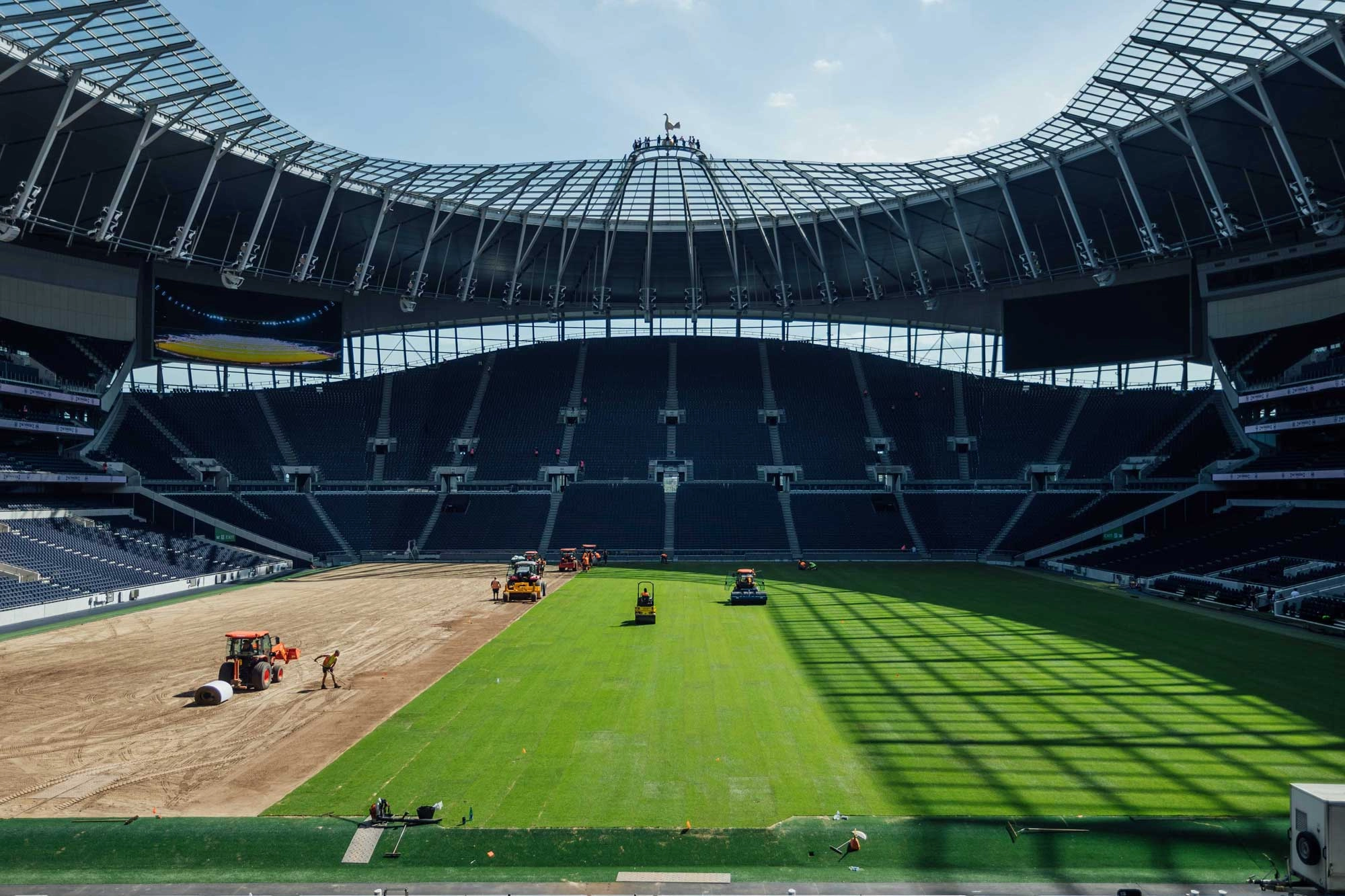 A stadium pitch during specialist sports surface construction